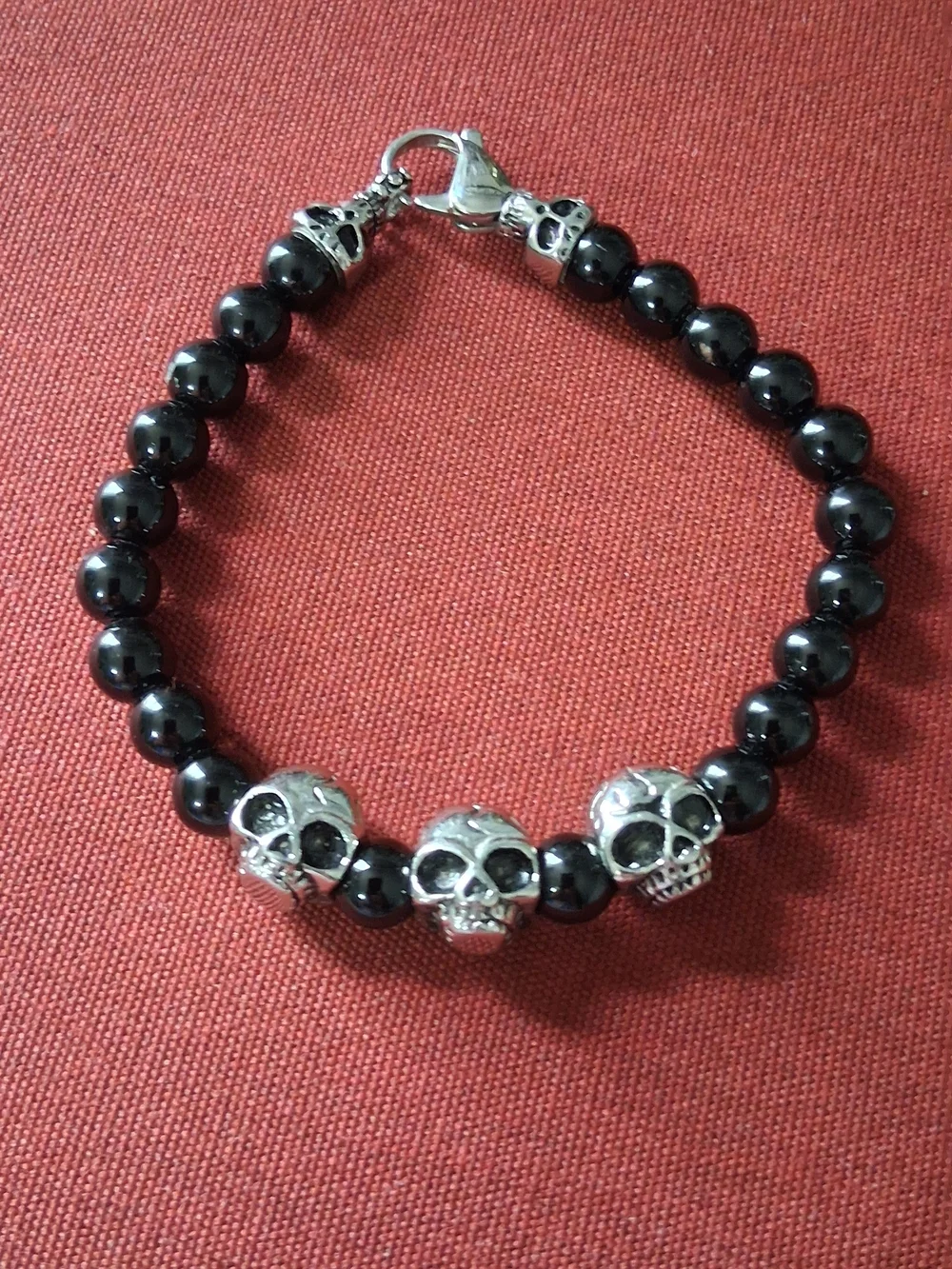Gothic Unisex Onyx Beaded Bracelet Silver Skull Men's Signed HAN SS Biker